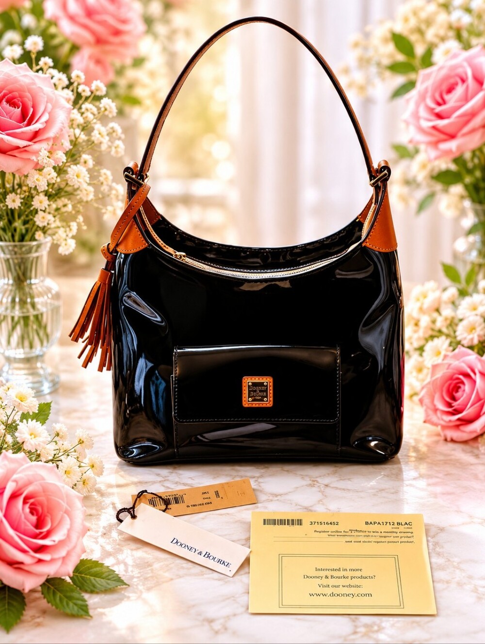 Dooney & Bourke Black Patent Leather Small Hobo with Tan Tassel - Picture 8 of 13